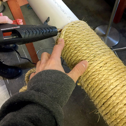 Hot gluing sisal to cat tree