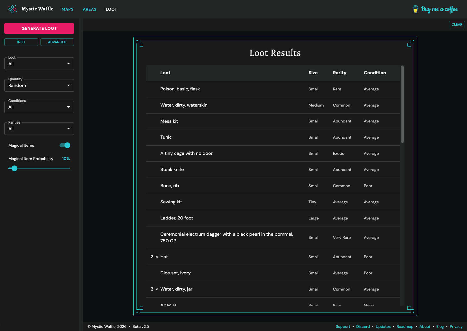 TTRPG advanced loot generator