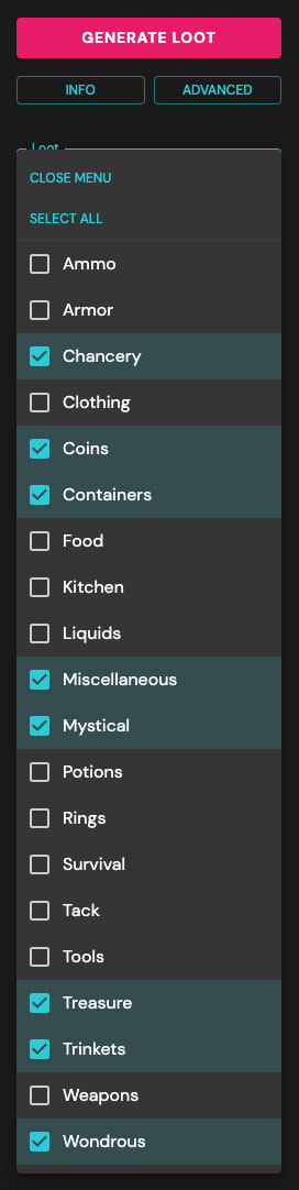 TTRPG loot generator category multiselect