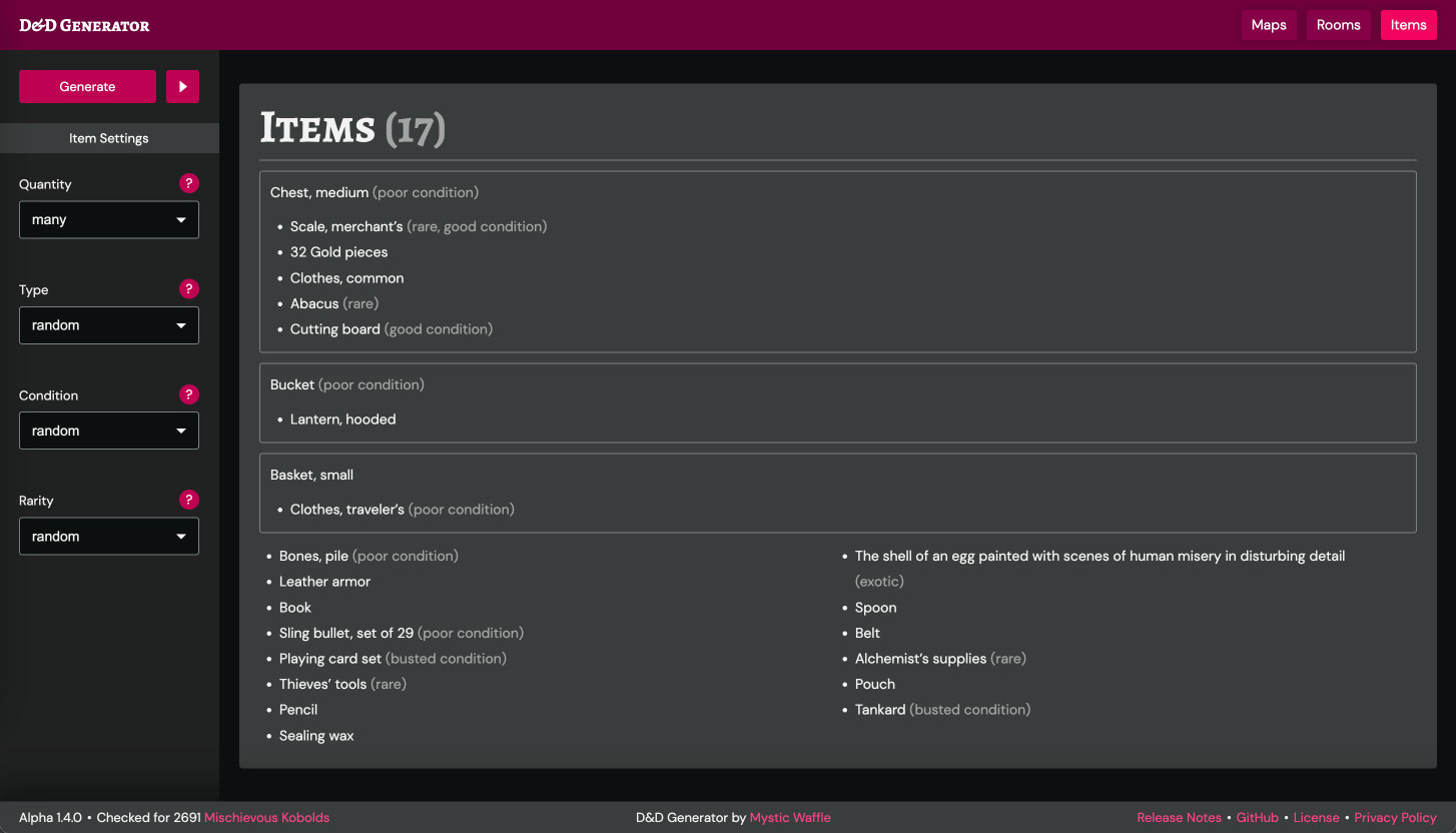 Screen shot of a D&D dungeon item generator