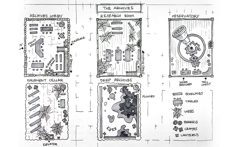 Hand-Drawn Vertical Library Dungeon Map for D&D & TTRPG