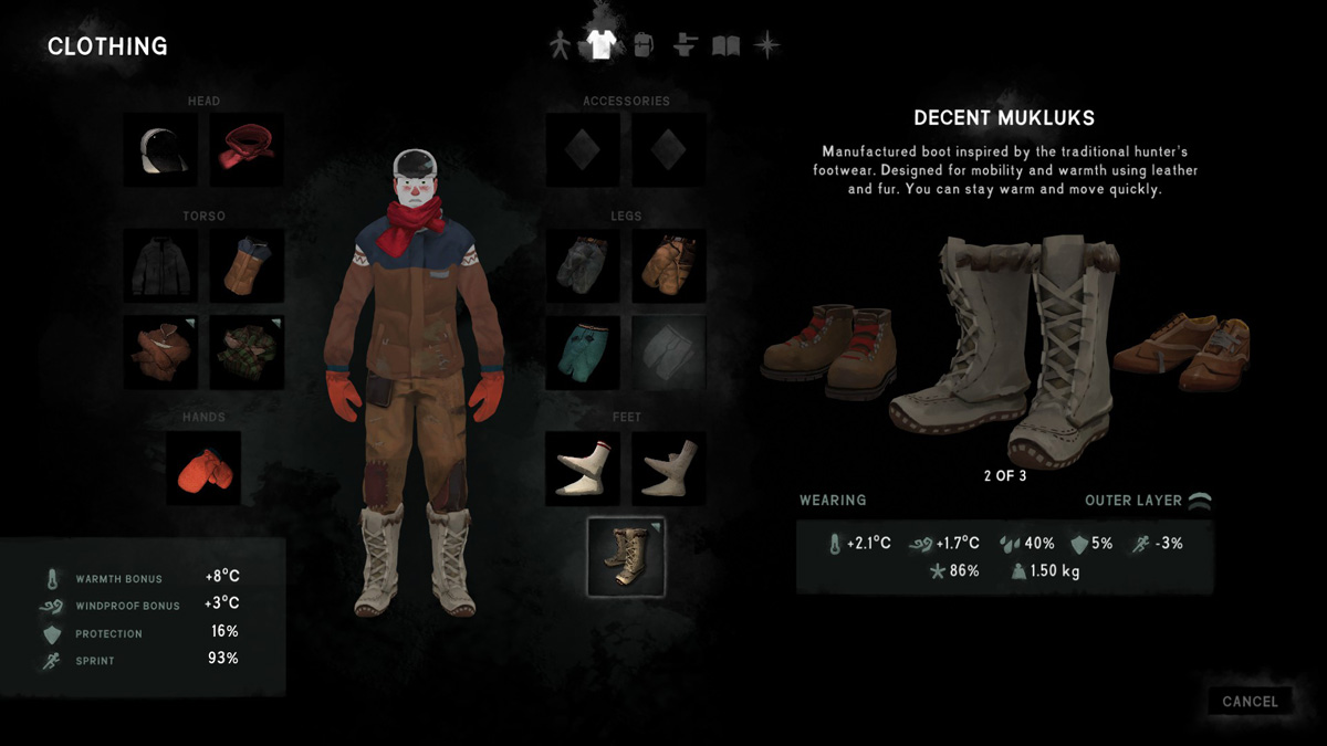 Clothing Menu in The Long Dark